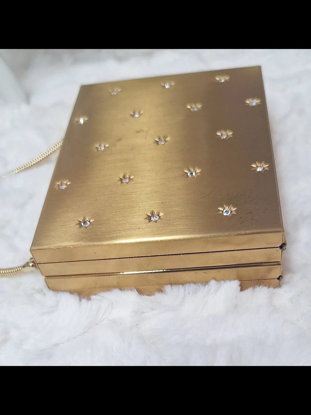 Gold Tone Starburst Rhinestone MCM Embellished Box Compact Clutch Mirror Handbag